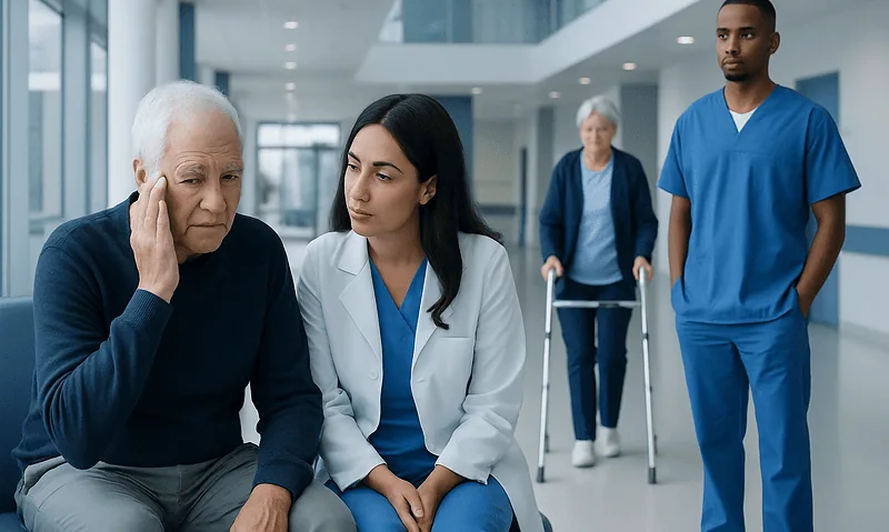 Elderly patient with memory issues consulting healthcare professionals in hospital.