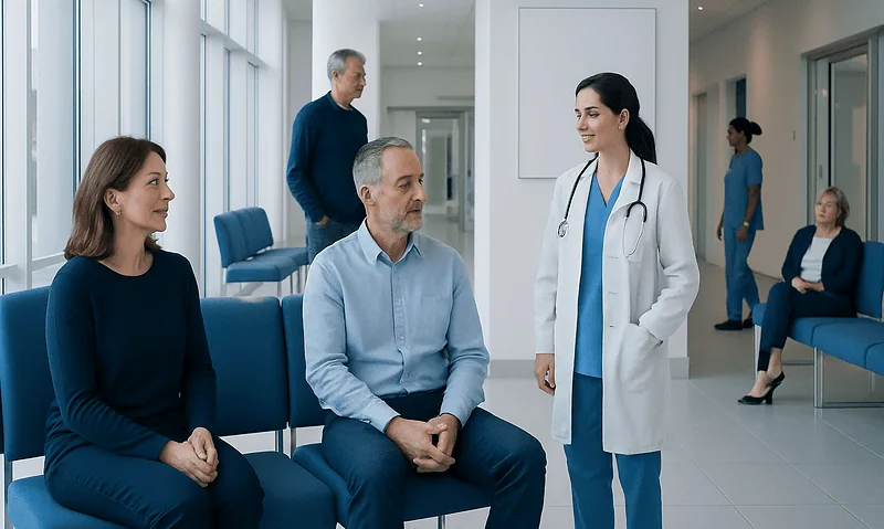 Medical consultation at a hospital with patients and healthcare professionals.