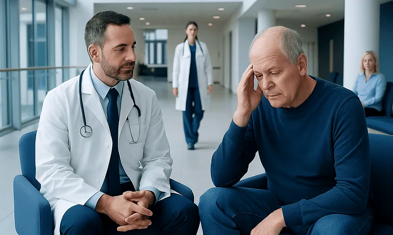 Doctor consulting with an elderly patient about cognitive health in a hospital.