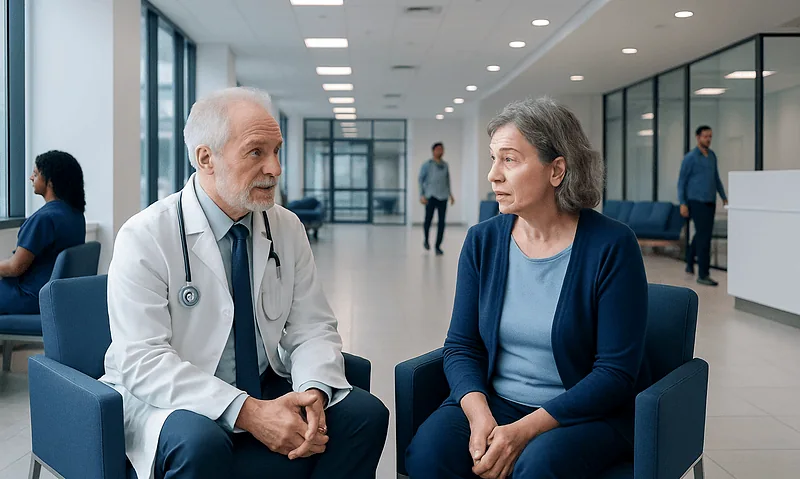 Doctor consulting with a senior female patient in a modern hospital lobby.