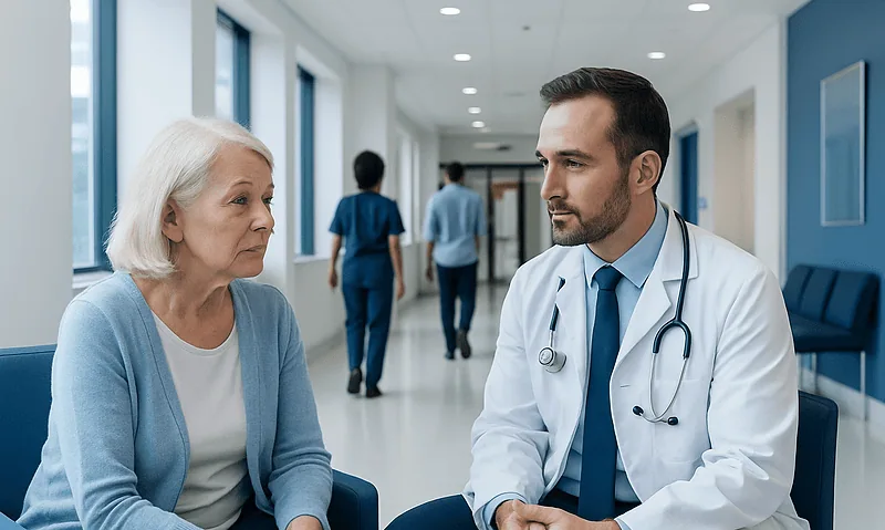 Doctor consulting with elderly woman in hospital corridor.