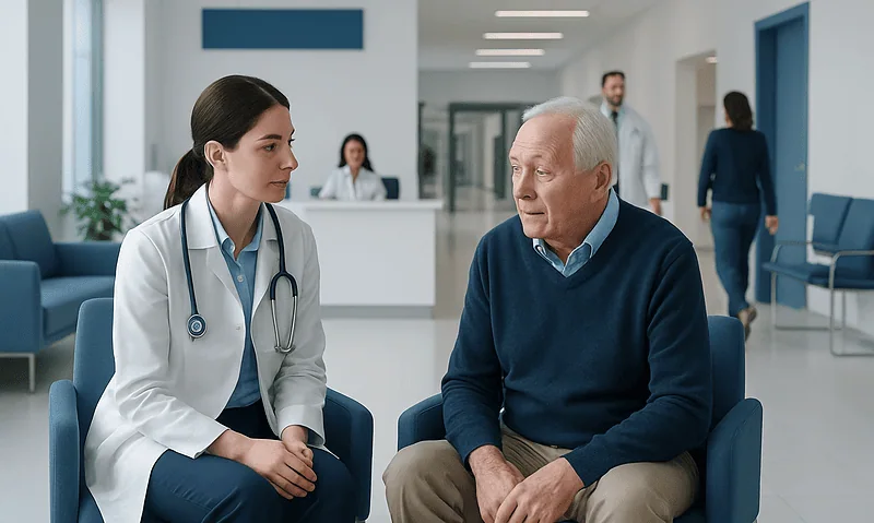 Doctor consulting with an elderly patient in a hospital waiting area.