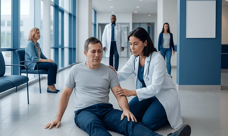 Medical professional examining a patient in a hospital corridor.