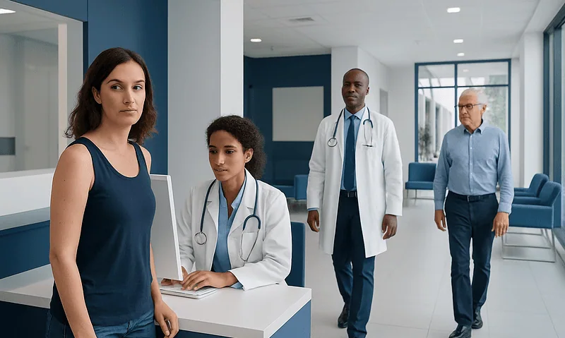 Diverse medical team consulting with patient in hospital corridor.