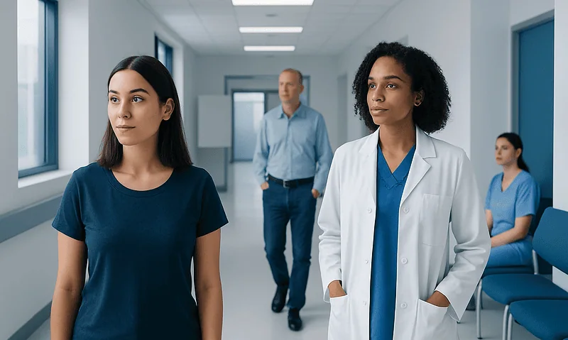 Diverse medical team in hospital corridor with patient.