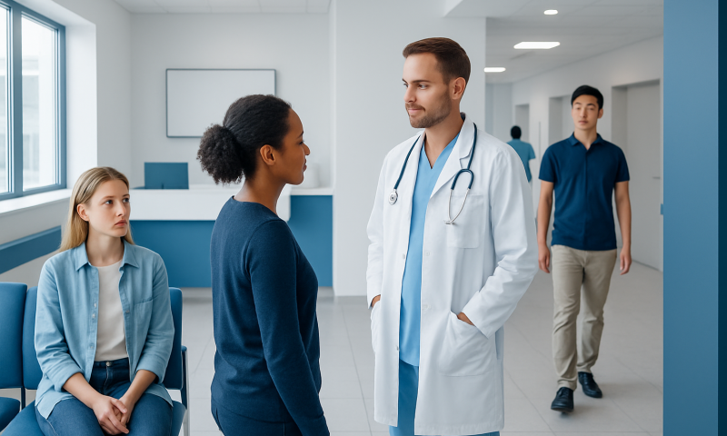 Doctor consulting with a patient in a hospital corridor.