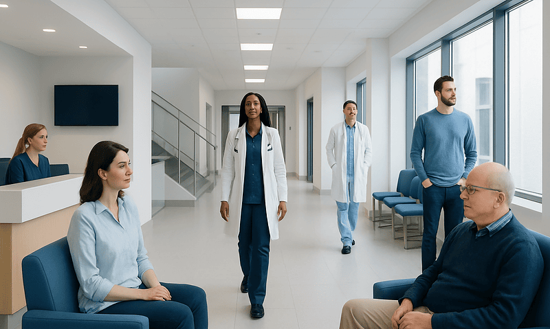 Patients and doctors in a modern hospital waiting area.