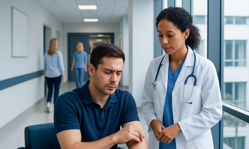 Doctor examining a patient's skin in a hospital corridor.