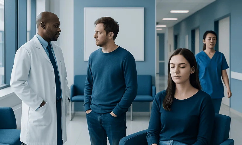 Doctor talking to patient in hospital corridor with nurse in background.