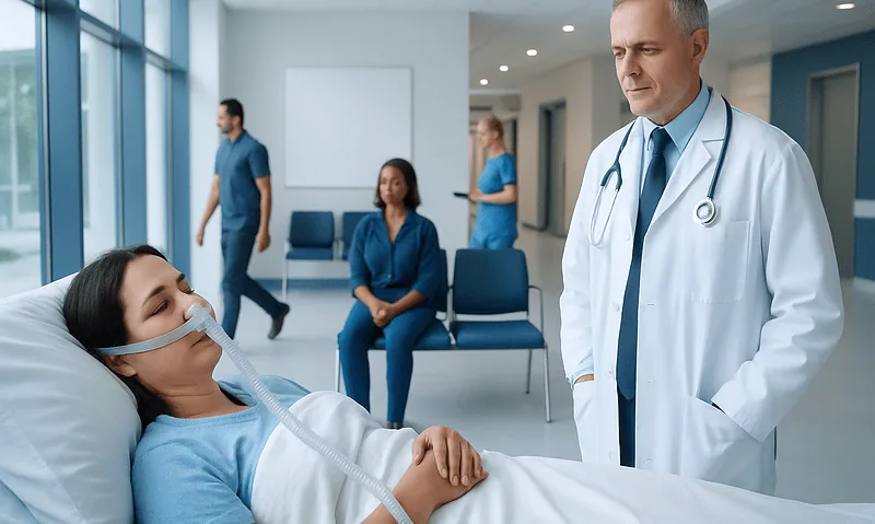 Doctor examining a patient with breathing tube in hospital room.