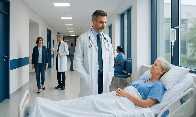 Doctor talking to elderly patient in hospital corridor with medical staff in background.
