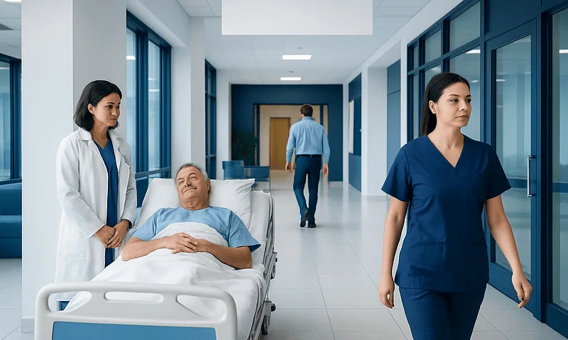 Hospital corridor with patient and medical staff after heart surgery.