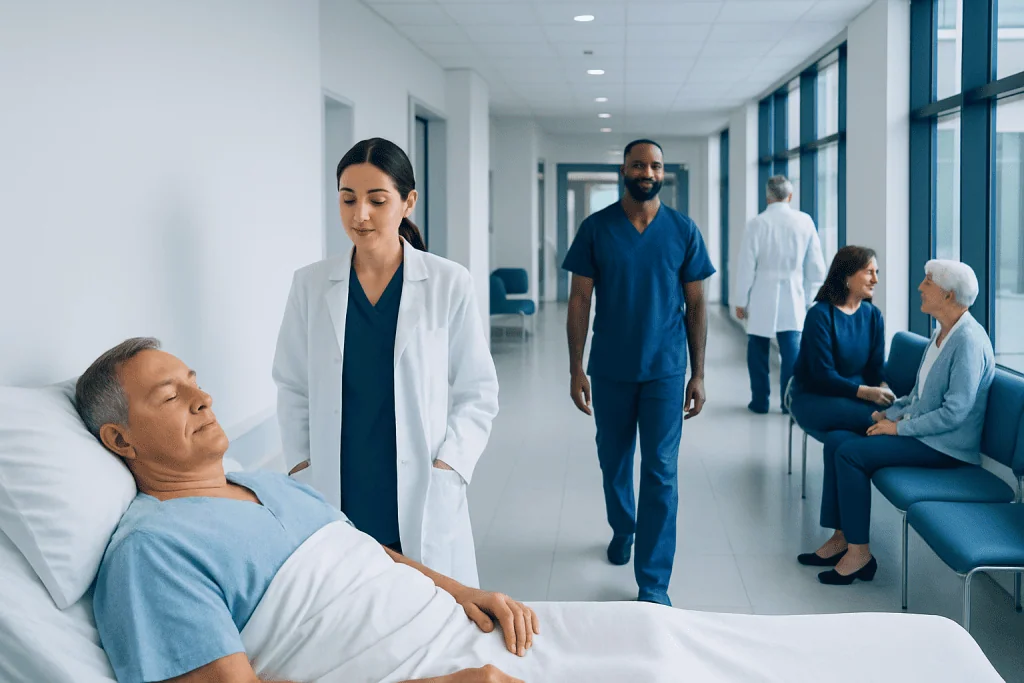 Sleep Position After Heart Bypass Surgery: Protecting the Chest While Resting 1 Hospital room with patient and medical staff after heart surgery.
