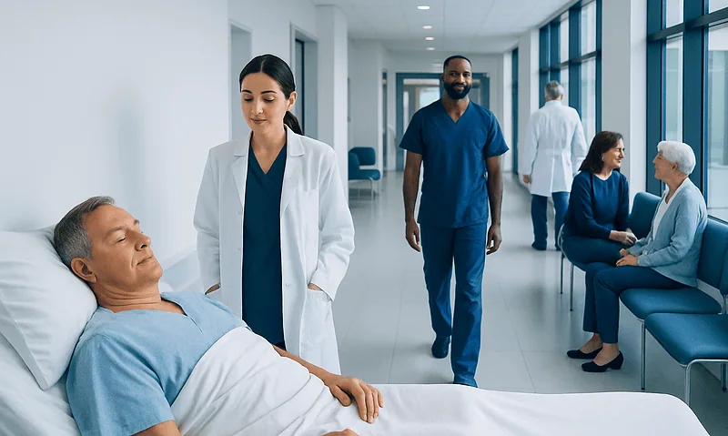 Hospital room with patient and medical staff after heart surgery.
