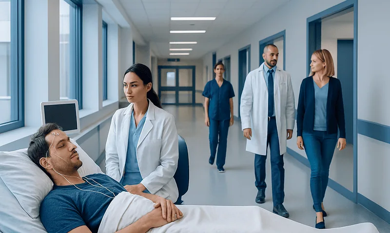 Hospital staff monitoring patient in sleep study room at Acibadem Hospitals.