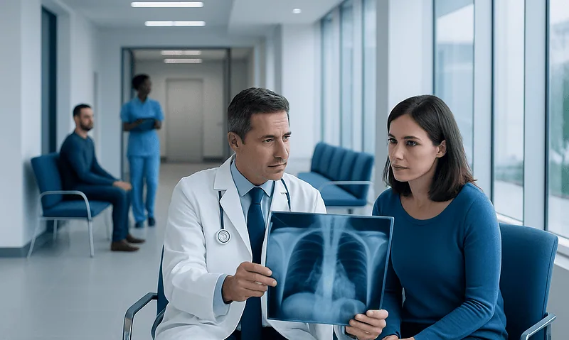 Doctor explaining lung X-ray to patient in hospital corridor.