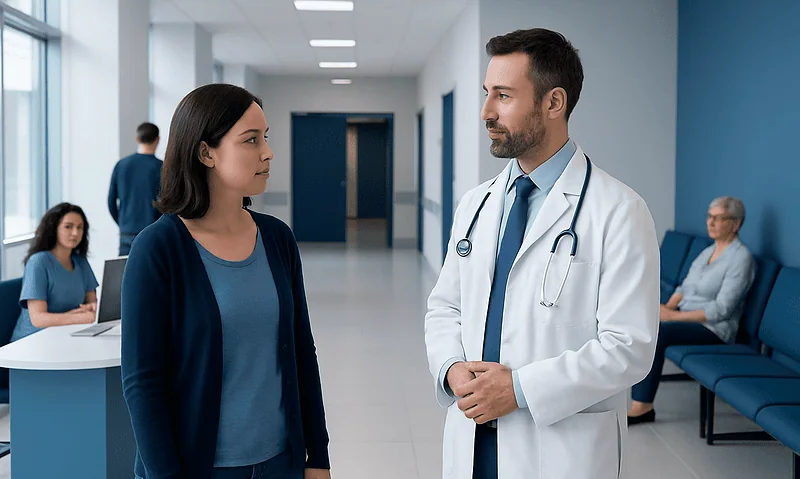 Doctor consulting a patient in a hospital corridor for gastrointestinal issues.