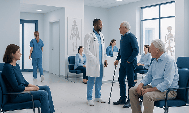 Bone and Joint Clinic Visit: What to Expect Step by Step 3 Doctor consulting elderly patient in hospital waiting area with staff and skeleton diagrams.