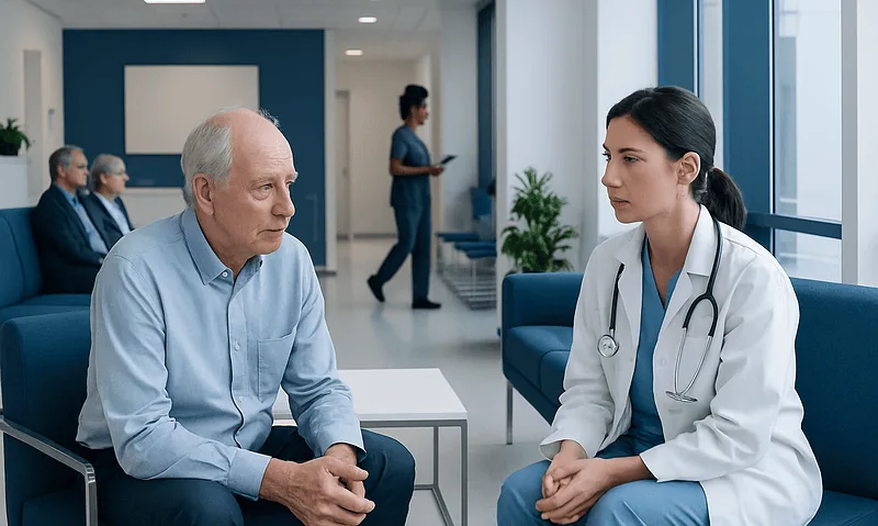 Doctor consulting elderly patient in a hospital waiting area.