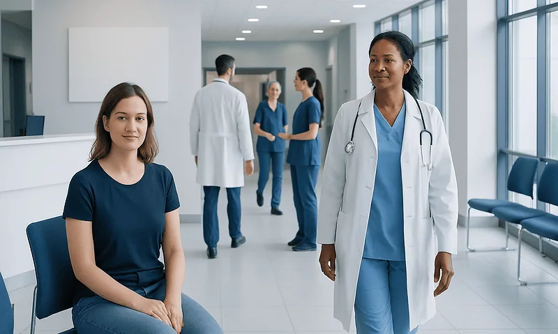 Patient waiting in a hospital corridor with medical staff nearby.