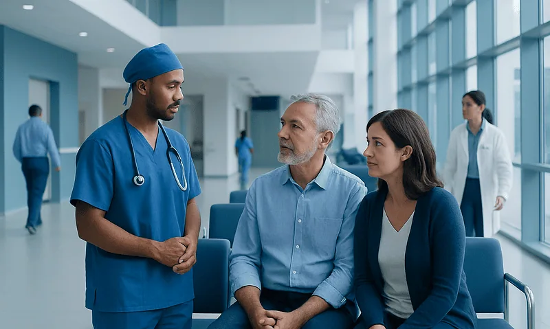 Doctor consulting with a senior male patient and his partner in hospital corridor.