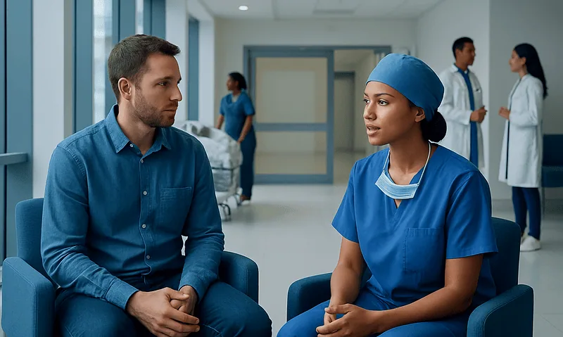 Patient consulting with nurse in hospital corridor for Crohn’s Disease treatment.