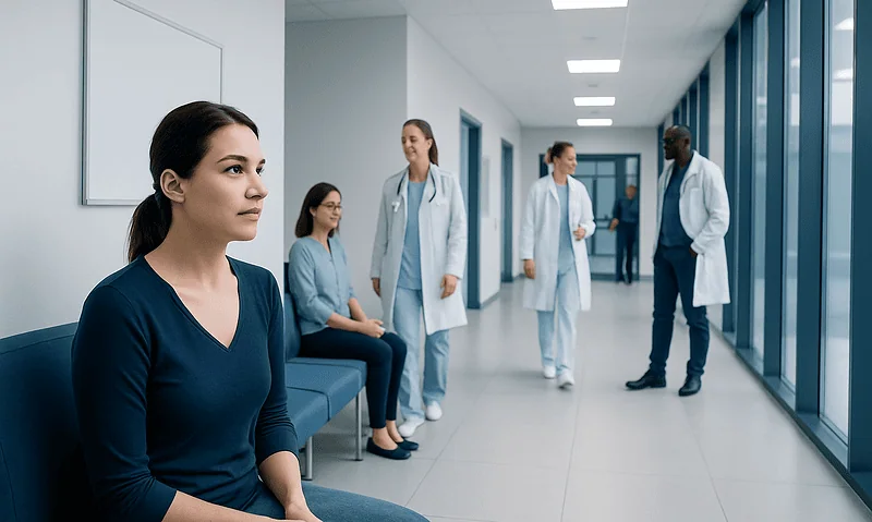 Patient waiting in hospital corridor with medical staff nearby.