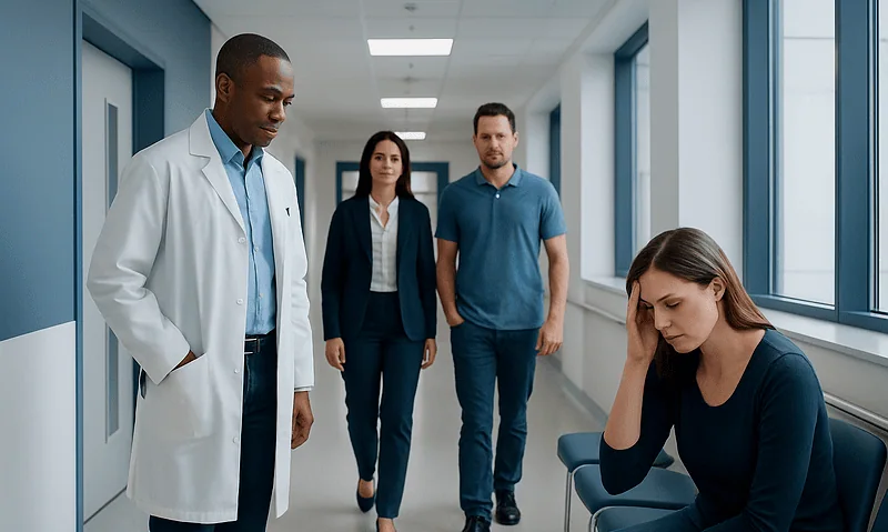 Doctor and patients in hospital corridor, woman appears worried.