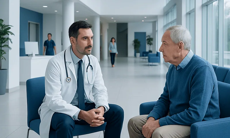 Doctor consulting elderly patient in modern hospital lobby.