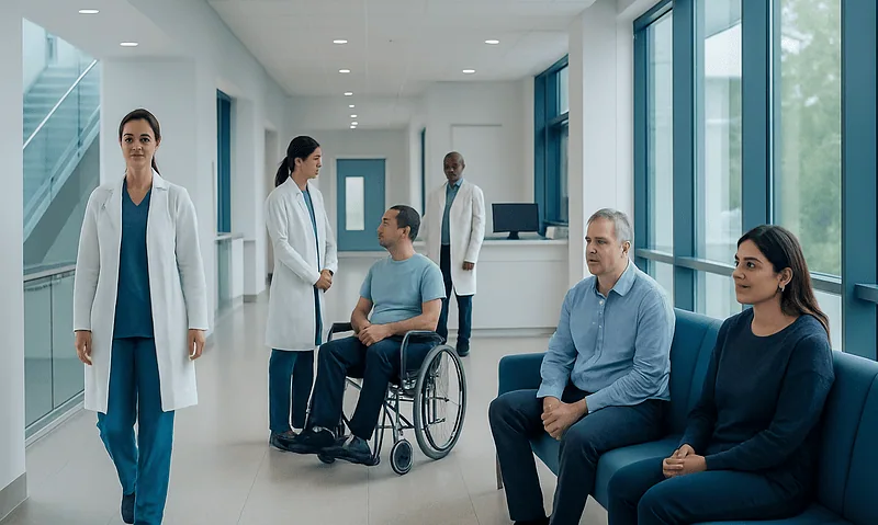Medical team consulting with patients in a hospital corridor.