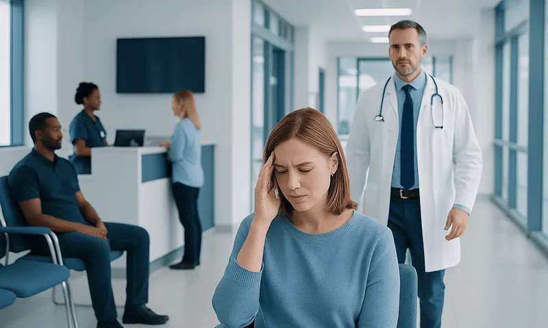 Woman with headache in hospital waiting area with doctor nearby.