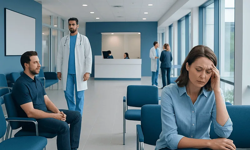 Patient experiencing headache in a hospital waiting area with medical staff nearby.