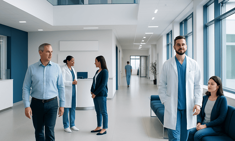 How to Choose an Orthopedic Surgeon 1 Medical team in modern hospital corridor with patients and staff.