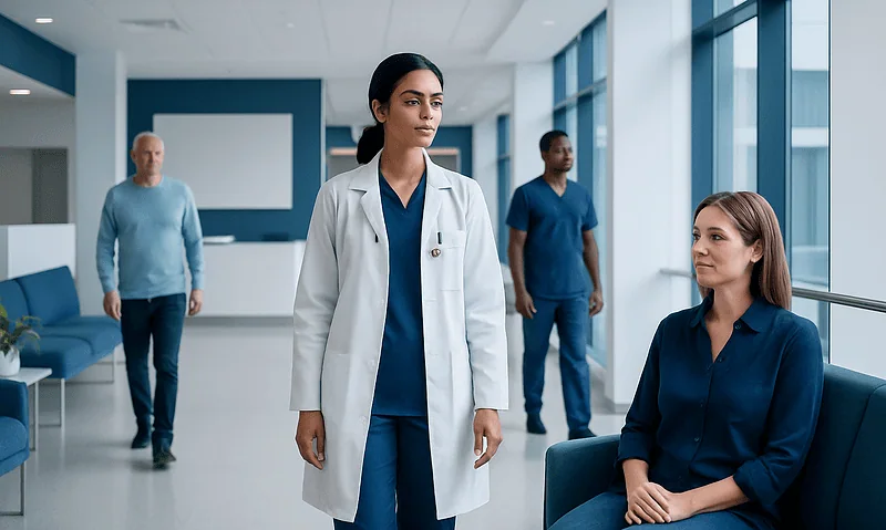 Medical professionals in a hospital corridor discussing patient care.