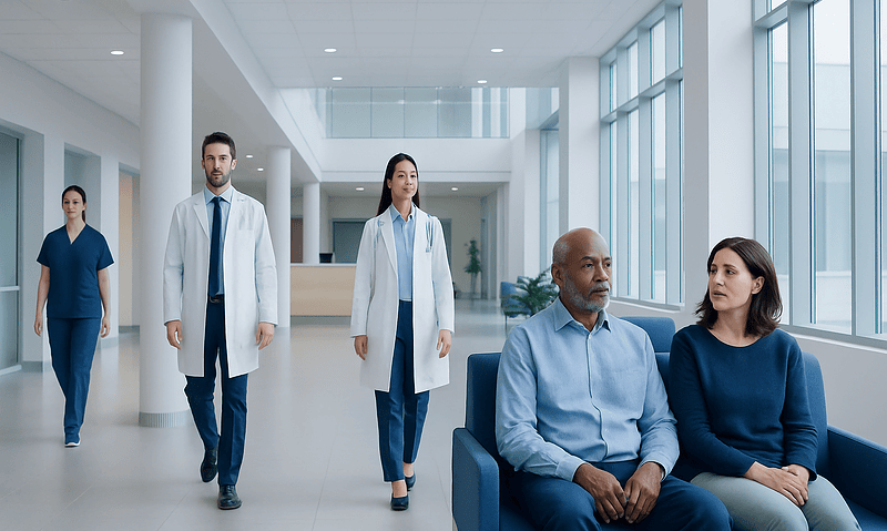 Medical team and patient in a modern hospital corridor.
