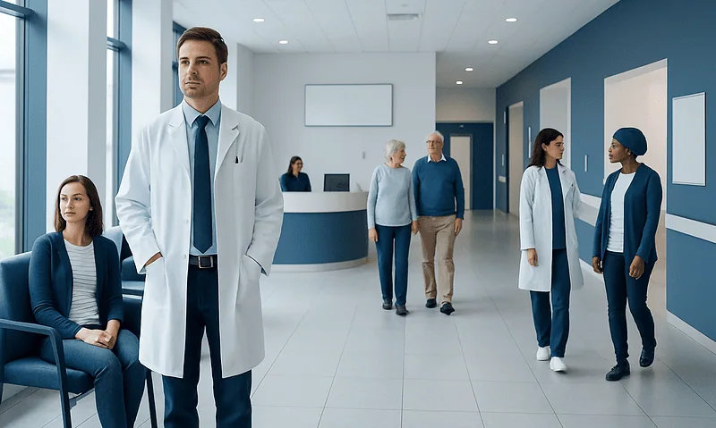 Medical professionals and patients in a modern hospital corridor.