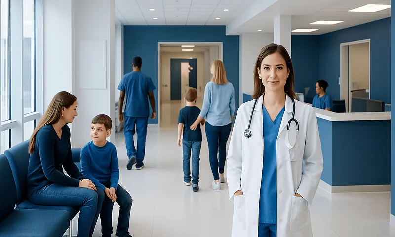 How to Choose the Right Pediatric Hospital for Your Child 11 Pediatric hospital with doctor and children in a modern healthcare facility.