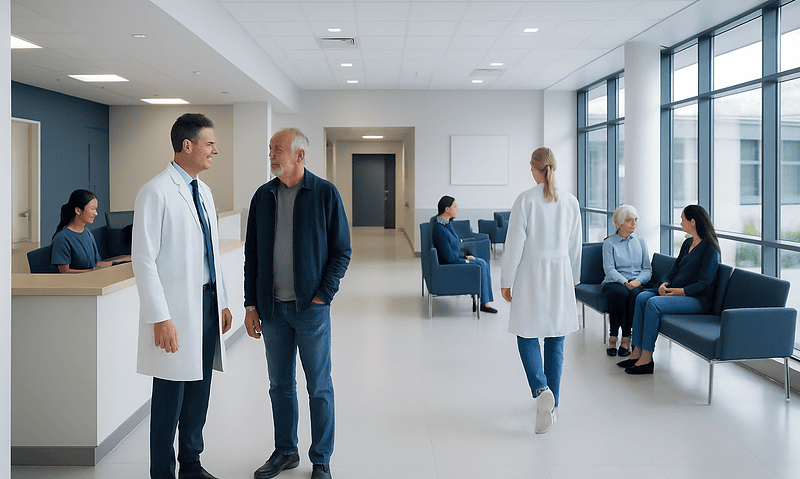 Doctors and patients in a modern hospital waiting area.