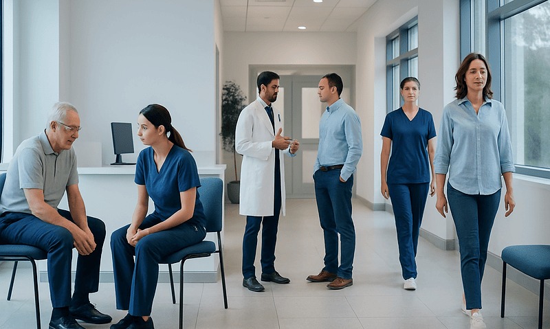 Medical consultation in a hospital corridor with healthcare professionals and patient.