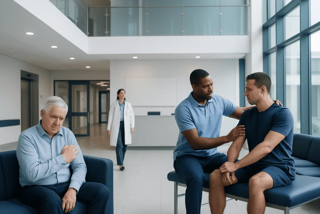 Rotator Cuff Surgery vs Physical Therapy: How Treatment Decisions Are Made 1 Doctor examines patient's shoulder in hospital waiting area.