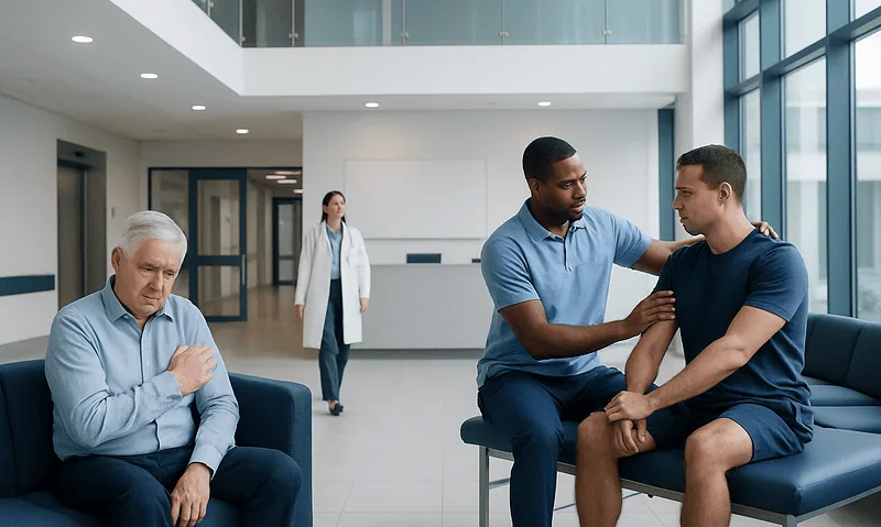 Doctor examines patient's shoulder in hospital waiting area.