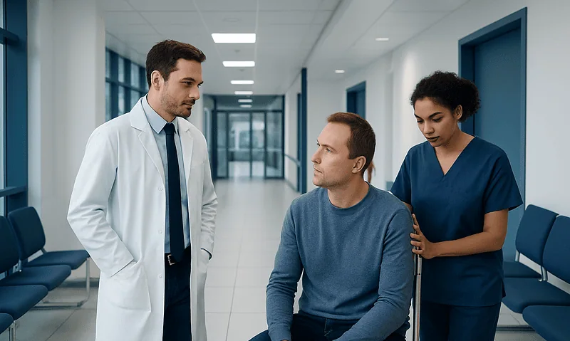 Doctor consulting patient about neuromuscular symptoms in hospital corridor.