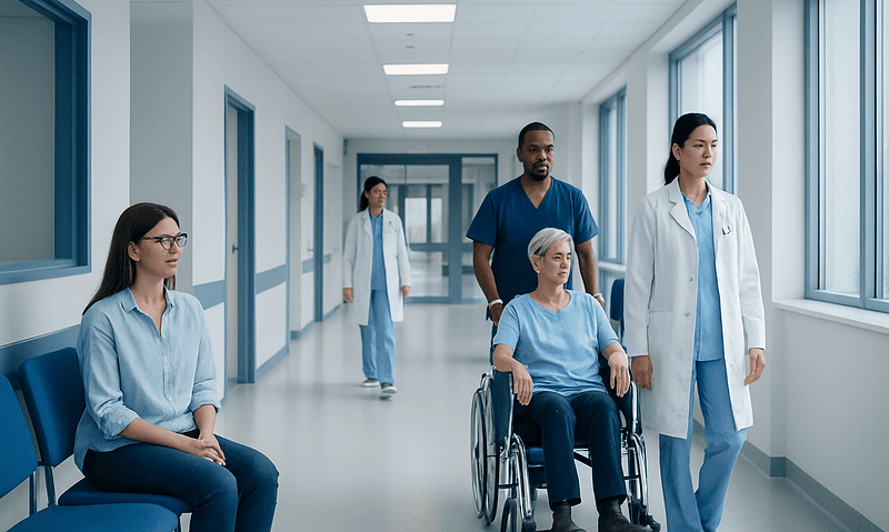Medical team with patient in wheelchair in hospital corridor.