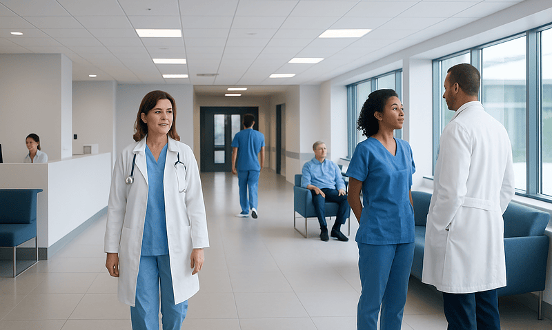 Healthcare professionals and patients in a modern hospital corridor.