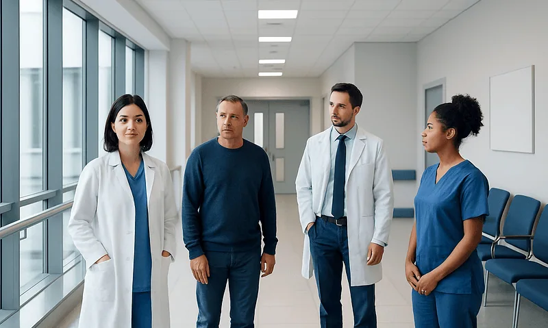 Medical team discussing patient care in hospital corridor.