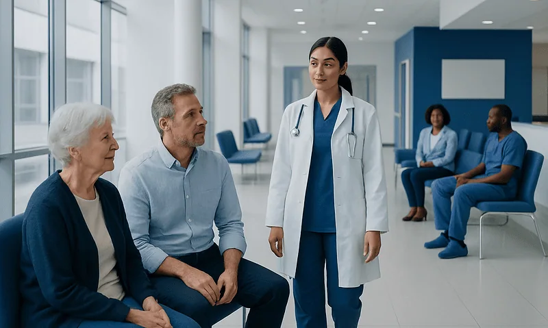 Doctor consulting with elderly patients in hospital waiting area.