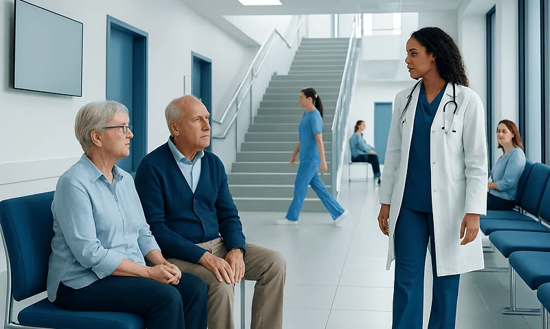 Doctor consulting elderly patients in hospital corridor.