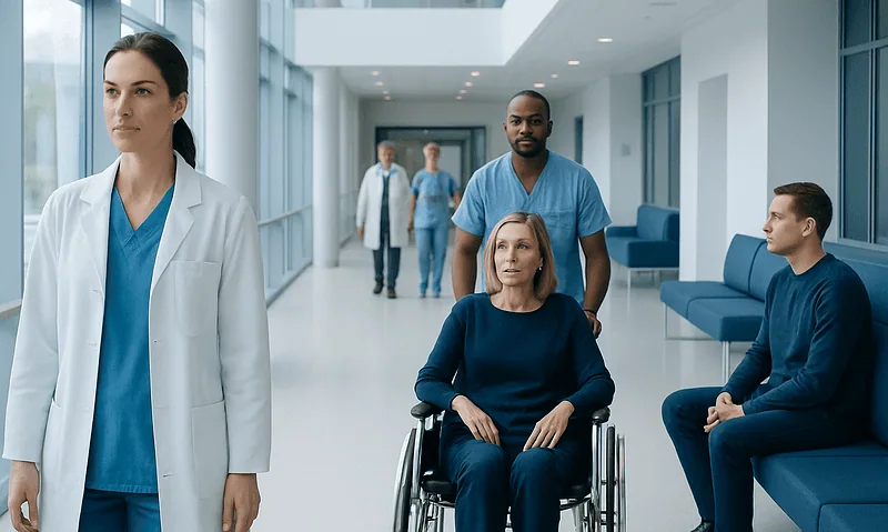 Medical team with patient in wheelchair in hospital corridor.