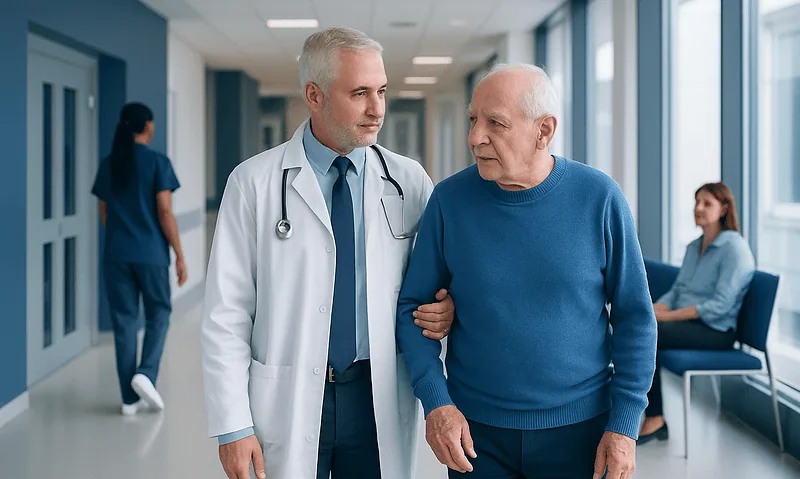 Doctor talking to elderly patient in hospital corridor with staff in background.