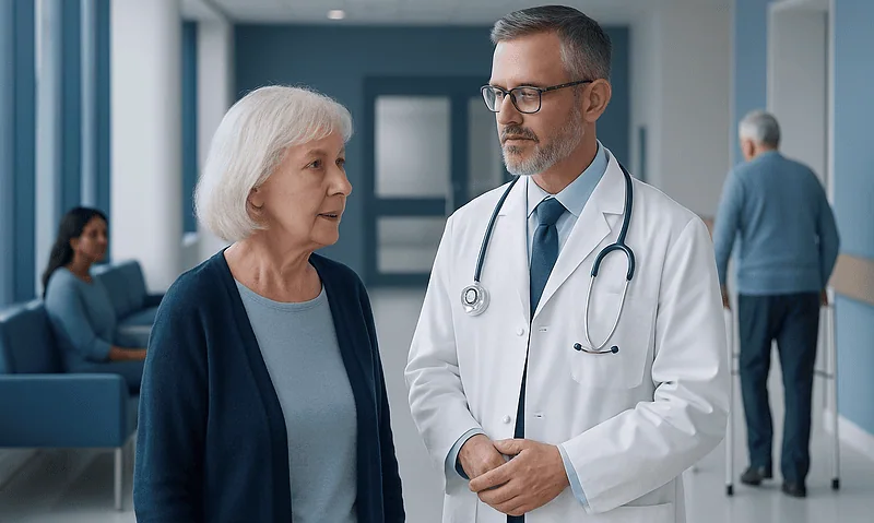 Doctor consulting with an elderly woman in a hospital corridor.